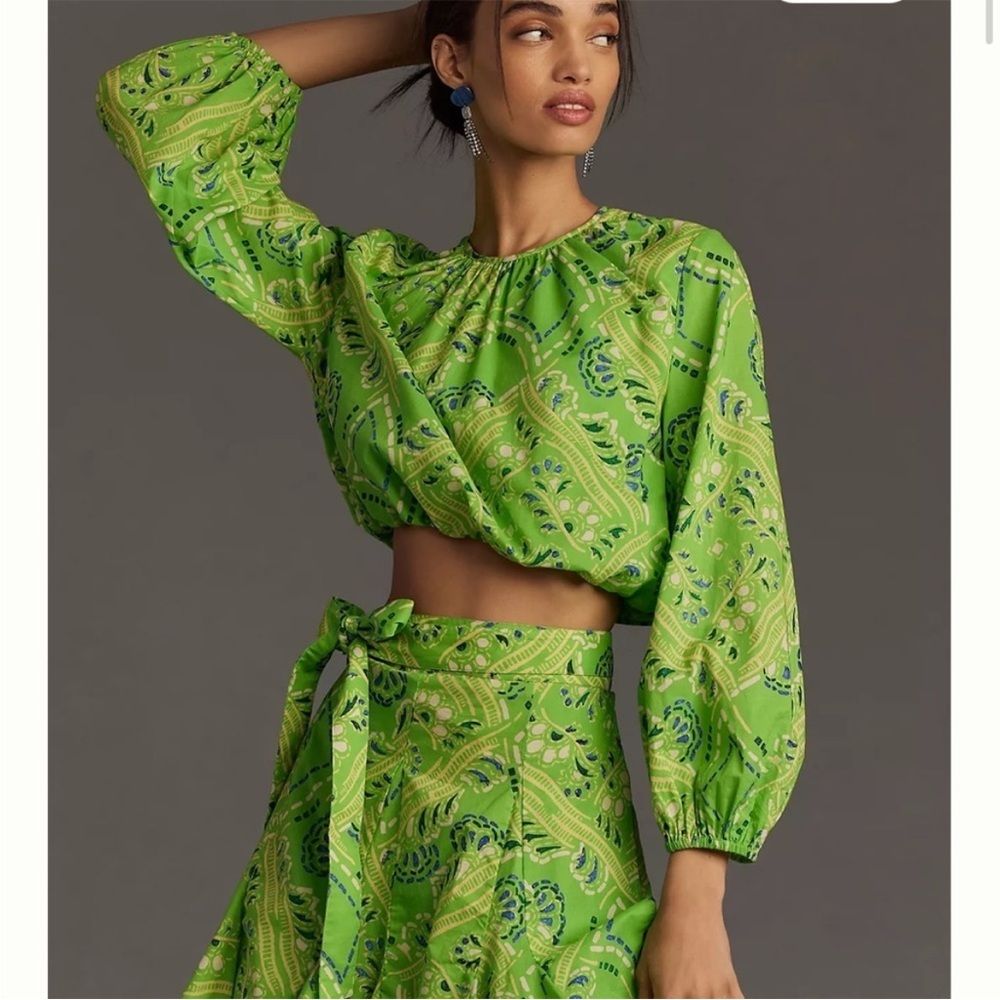 Nwt Rhode Azure Top & Willow Skirt In Lime Diamond Stitch Puff Sleeve Paisley